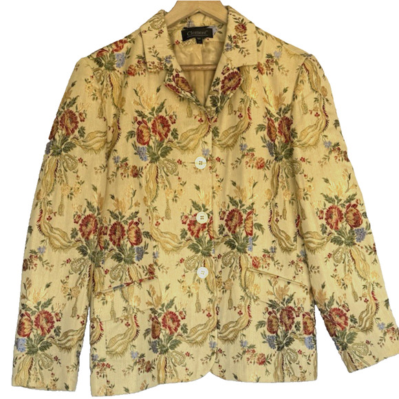Vintage Clement Womens Floral Brocade Button Blazer Size XL Shimmer German Jacke - Picture 1 of 16